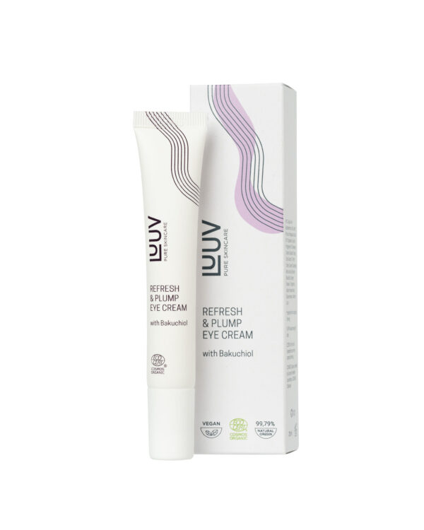 LUUV - Gaivinantis ir putlinantis natūralus akių kremas su bakuchiolu ir hialuronu, COSMOS sertifikuotas, 20 ml